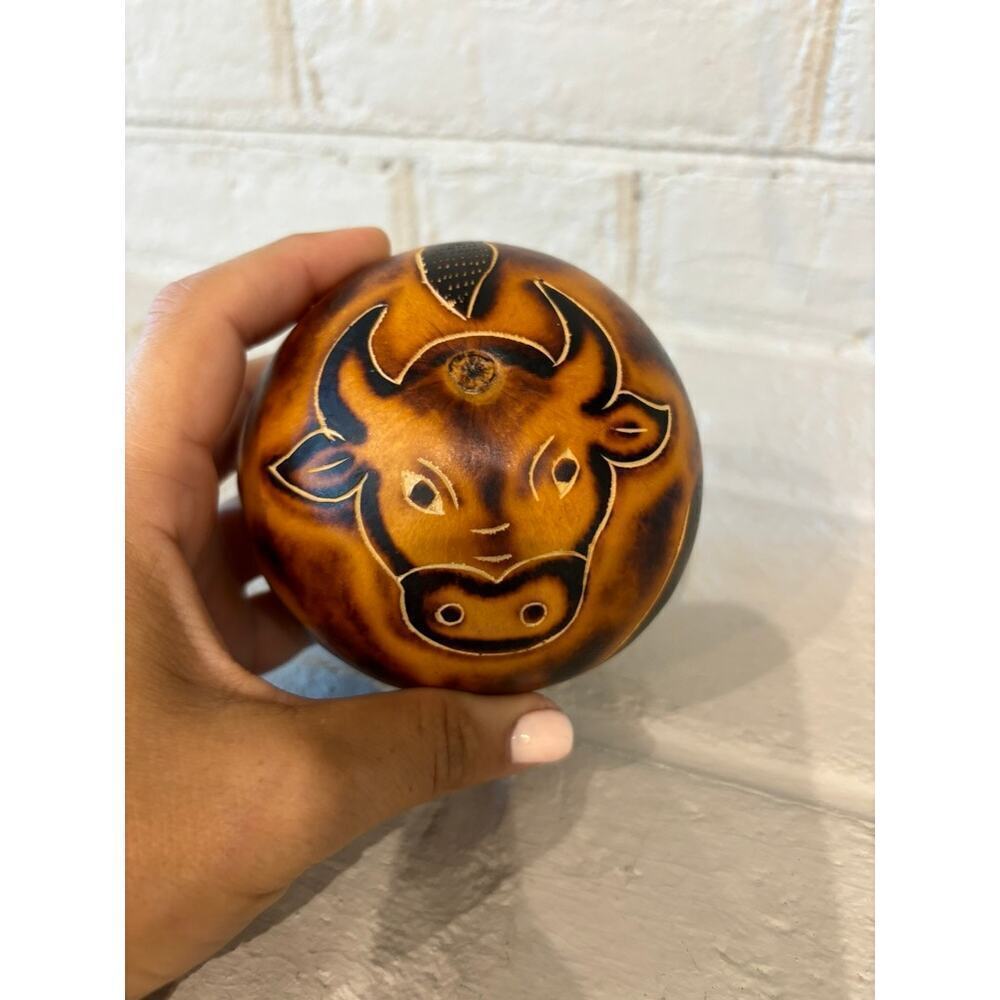 Peruvian Folk Art Carved Gourd Etched Bull